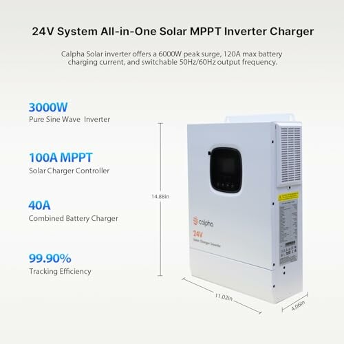 24V all-in-one solar MPPT inverter charger with specifications.