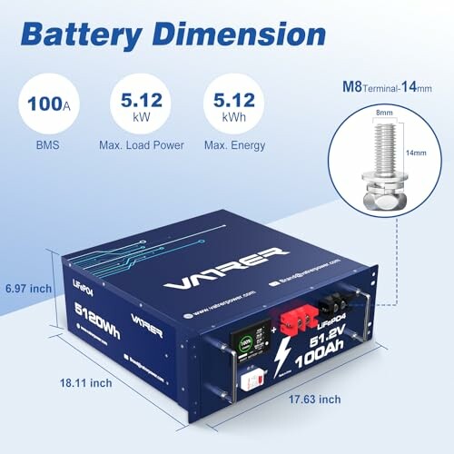 Battery dimensions and specifications with power details.