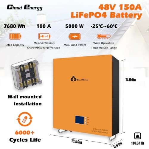 Cloud Energy 48V 150Ah LiFePO4 Battery with specifications