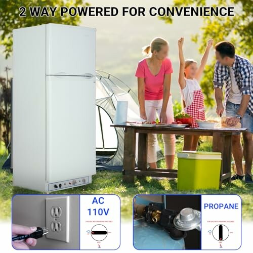 Refrigerator powered by AC and propane at a campsite with a family