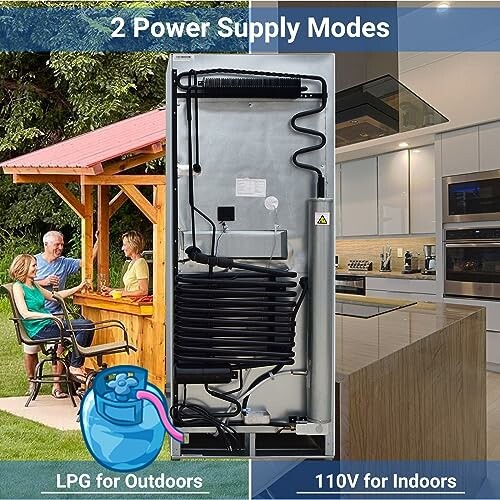 Fridge with LPG for outdoors and 110V for indoors options.