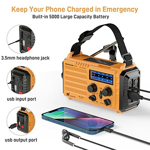 Emergency radio with phone charging feature, 5000mAh battery.