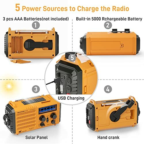 Emergency radio with five power sources: AAA batteries, built-in rechargeable battery, USB charging, solar panel, hand crank.