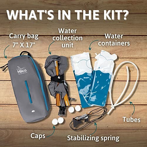 Contents of an emergency water kit including carry bag, water collection unit, water containers, caps, stabilizing spring, and tubes.