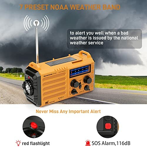 Emergency weather radio with NOAA alerts and features like red flashlight and SOS alarm.