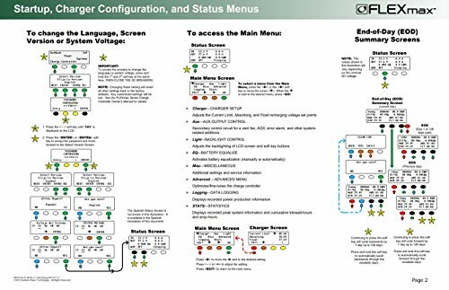 Flexmax startup, charger configuration, and status menus guide.