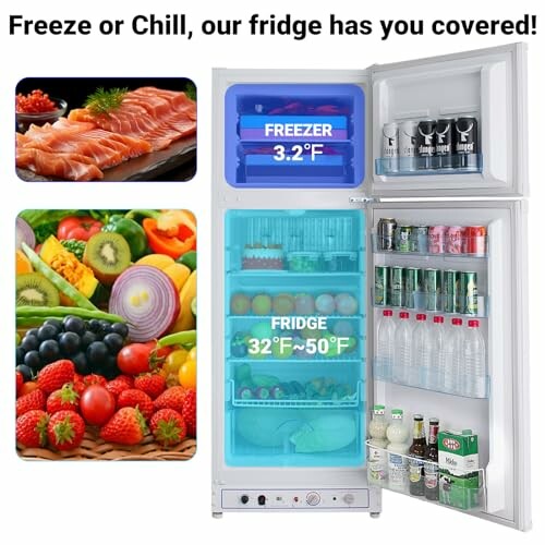 Open fridge with food and temperature display