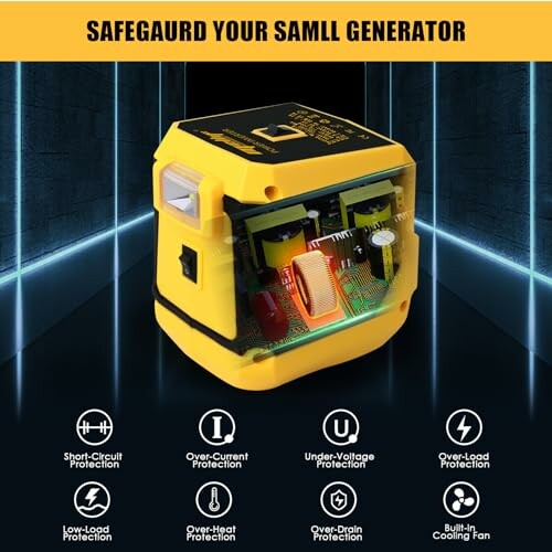 Yellow generator safety device with protection features listed.