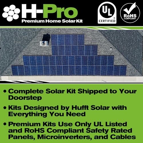 H-Pro Premium Home Solar Kit with rooftop solar panels and certifications.