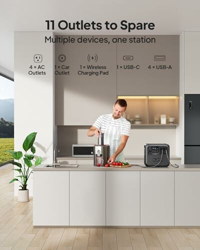 Man using power station on kitchen counter with various outlets.