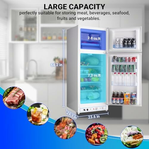 Large capacity refrigerator with dimensions and food storage examples