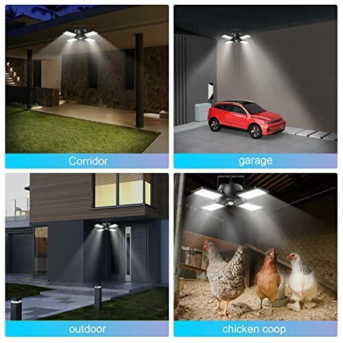 LED lights illuminating a corridor, garage, outdoor area, and chicken coop.