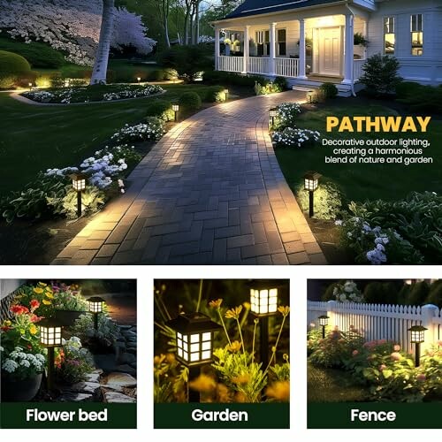 Decorative outdoor pathway with illuminated garden and flower beds.