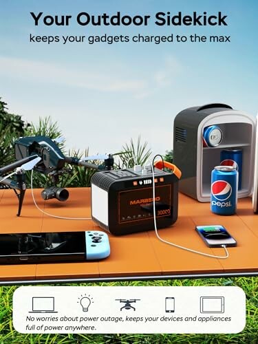 Outdoor power bank charging gadgets with a drone, mini fridge, and gaming console.