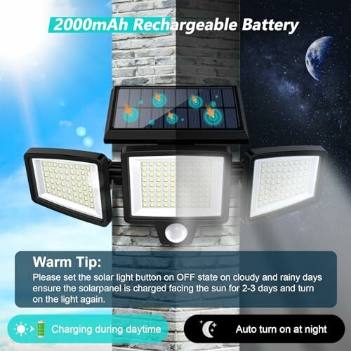 Solar security light with rechargeable battery mounted on a wall, showing LED panels and solar panel.