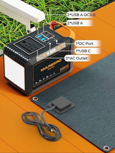 Portable power station with multiple charging ports and AC outlet.