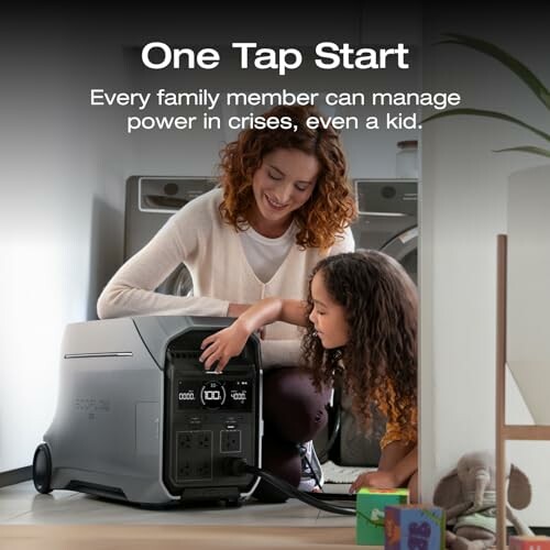 Woman and child using a portable power station at home.