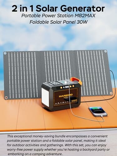 Portable power station with foldable solar panel and smartphone.