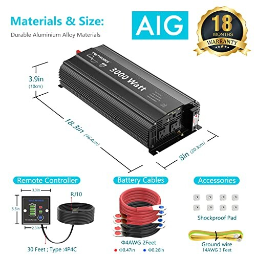 3000 Watt power inverter with dimensions, warranty, and accessories.