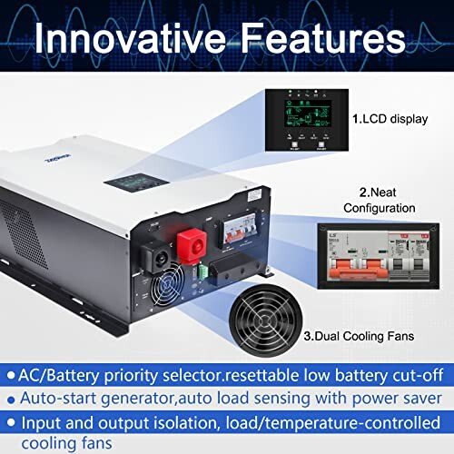 Power inverter with LCD display, neat configuration, and dual cooling fans.