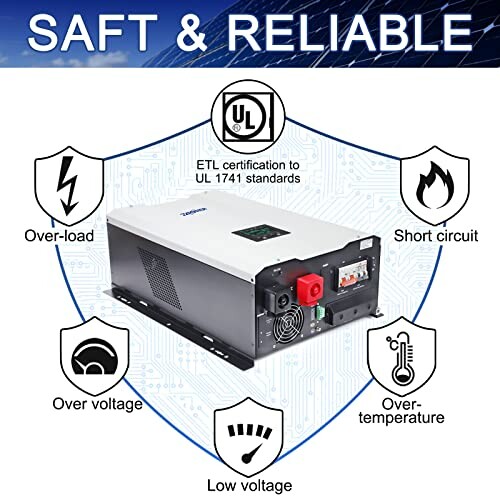 Power inverter with safety features: overload, short circuit, over voltage, over temperature, low voltage.