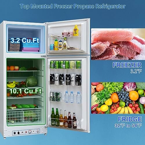 Propane refrigerator with open doors showing contents in freezer and fridge sections.