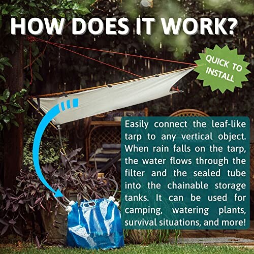 Rainwater collection tarp set up with instructions.