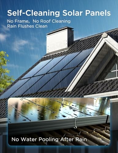 Roof with self-cleaning solar panels in rain, no water pooling.