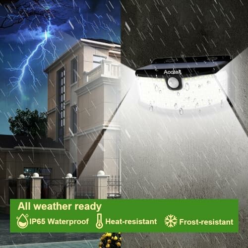 Outdoor solar light in rain, showcasing waterproof and weather-resistant features.