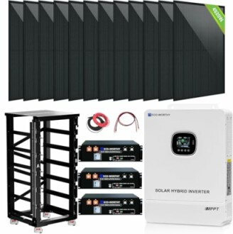 Complete solar power system kit with panels, inverter, and batteries.