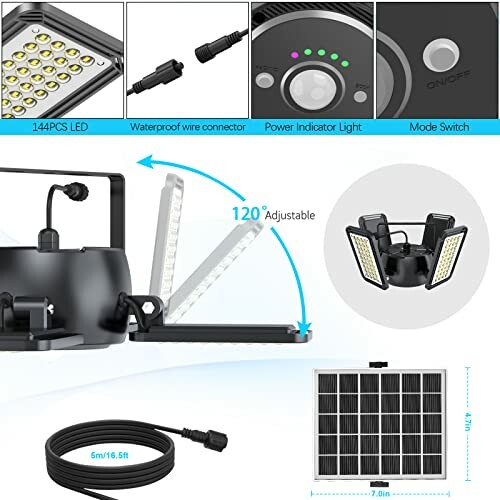 Diagram of solar-powered LED light with adjustable panels, waterproof connector, and power indicator.