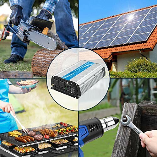 Collage of solar panel, power inverter, grilling, and tool usage.