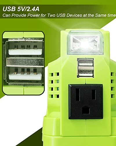 Green USB power adapter with AC outlet and LED light.