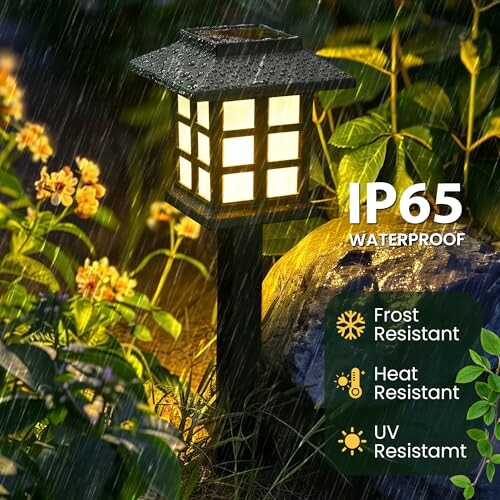 Weather-resistant garden lantern in rain with IP65 rating.