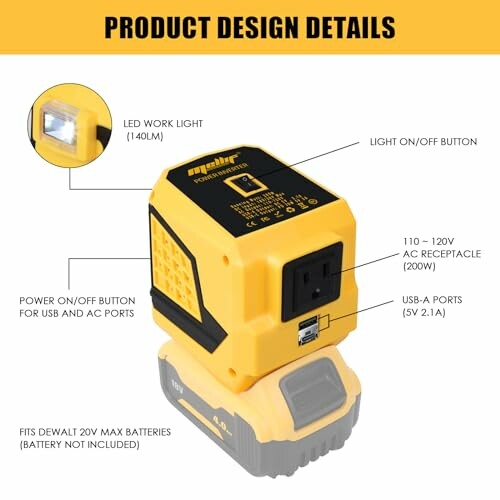 Yellow power inverter with LED work light and USB ports.